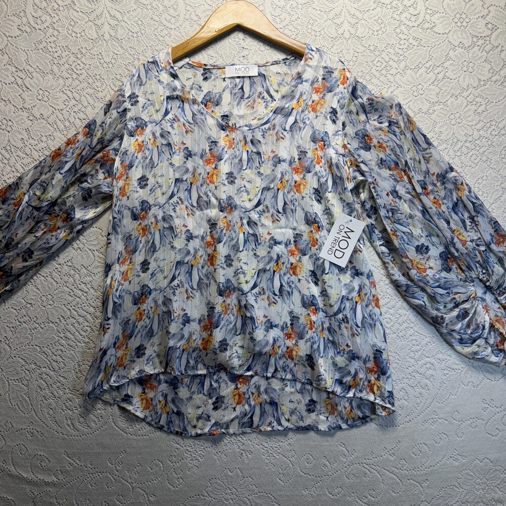 MOD On Trend Blouse Womens Large Blue Floral Balloon Sleeve Lined Chiffon